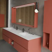 Cabinet width 200 cm, depth 51 cm, front and structure matt lacquered NCSS4040 Y80R, handle A, integrated sink in tecnoril white. Mirror with wooden frame, upper LED light, and touch sensor, laminate or matt lacquered finish in the same color as the cabinet. If you prefer a different frame color, contact us; thickness: 13 cm.