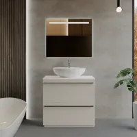 Möbel Breite 90cm, Tiefe 51 cm, Front und Korpus in matt lackiert RAL1013, Griff Alfa, top tecnoril Weiss, Aufsatzbecken Artikelnummer SOFTLY60 aus  ceramica Weiss. Rechteckiger Spiegel mit Frontbeleuchtung., auch mit vierseitiger Hintergrundbeleuchtung und seitlichem Touchsensor unten rechts erhältlich; Stärke: 2 cm.