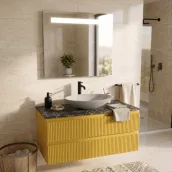 Elevate your bathroom with this sleek 100cm wide suspended vanity in a sophisticated NCS S-1060Y matte lacquer finish. The unit features a 46cm deep and 50cm high design, complete with a spacious 20cm wide storage cabinet above, 36cm deep and 100cm high. The vanity is topped with a 1.2cm thick HPL Oriental countertop and a Cv04 glass lacquered RAL 7047 undermount basin.