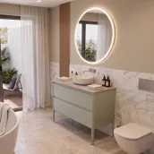 Elevate your bathroom with this 100cm wide suspended vanity, finished in a sleek RAL 9002 matte lacquer. The unit measures 100cm in width, 46cm in depth, and 50cm in height, providing generous storage and a modern aesthetic. Paired with a white Pf1260 sink by Ocritech, a 1.2cm thick Tekhnos RAL 9002 top, and an 80cm diameter LED-lit round mirror, 2cm thick, for a sophisticated look.