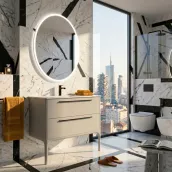 Elevate your bathroom with this sleek, 100cm wide suspended vanity, finished in a sophisticated matte lacquer in RAL 7047. The unit boasts a generous depth of 46cm and a height of 50cm, offering ample storage space while maintaining a streamlined appearance. The vanity features a beautifully crafted Tekhnos RAL 7047 top with a 1.2cm thickness and an integrated Globo B224-A basin in the same elegant finish, perfectly complemented by a matte RAL 9005 handle and an oval mirror, 75cm high and 80cm wide, with a 2cm thickness.
