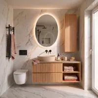 Il mobile bagno sospeso da 110 cm in legno Rovere Naturale è un elemento di design raffinato per il tuo bagno. Dotato di un lavabo in appoggio Belsize55 e di un piano in HPL Travertino, questo mobile offre un'armoniosa combinazione di materiali e finiture di alta qualità. La struttura in legno Rovere Naturale e i frontali abbinati donano un tocco di eleganza e calore allo spazio.