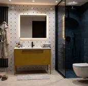 Elevate your bathroom with this sleek, 110cm wide vanity, finished in a sophisticated RAL 1005 matte lacquer. Complete with an integrated Tekhnos RAL 9016 basin and a 1.2cm thick Tekhnos top, this unit stands at just 50cm high, paired with a stylish U-shaped chrome handle, to create a bright and modern space.