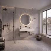 Elevate your bathroom with the sleek, suspended Horizon vanity, boasting a generous 120cm width and 51cm depth, with a compact 20cm height. Crafted with a luxurious matte lacquer finish in Brassica FB 271, this vanity features a spacious, integrated Globo B224-A sink in crisp white opal Technoril, accompanied by a matching, rounded mirror, 100cm wide and 75cm high, with a substantial 2cm thickness.
