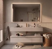 Elevate your bathroom with the sleek, suspended Horizon vanity, boasting a generous 120cm width and 51cm depth, with a compact 20cm height. Crafted with a matte lacquer finish in NCS S-2005 R50B, this vanity features a spacious, integrated Globo B385 basin and a sturdy Tekhnos countertop, 12cm thick, in the same sophisticated hue. The elegant, rectangular mirror, 115cm wide and 75cm high, completes this luxurious ensemble.