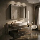Elevate your bathroom with the sleek, suspended Horizon vanity, boasting a generous 120cm width and 51cm depth, with a low-profile 20cm height. Crafted with a durable, matte lacquer finish in RAL 8019, this vanity features a stylish ALFA handle in chromed finish and a robust HPL Rust top, 12mm thick, supporting the elegant Dandy59 ceramic washbasin. Paired with a simple, rectangular mirror, 115cm wide and 75cm high, with a 2cm thickness, this ensemble creates a sophisticated, spa-like ambiance.