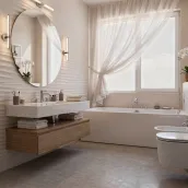 Elevate your bathroom with the Horizon suspended vanity unit, expertly crafted in a natural Olmo laminate finish. This sleek, wall-mounted design measures 120 cm in width, 51 cm in depth, and 25 cm in height, complemented by a 12 cm thick Bianco Opaco tecnoril top and a built-in CUBIK B220_1 washbasin in Bianco Opaco tecnoril, sized 50x31 cm. Positioned 90 cm above the floor, this sophisticated unit is paired with a spacious 100x75 cm mirror, creating a serene ambiance perfect for modern bathrooms.