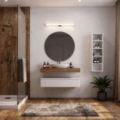 Elevate your bathroom with the Horizon suspended vanity unit, expertly crafted with a 120 cm width, 51 cm depth, and 25 cm height in a sleek matte RAL 9003 lacquer finish. The unit features a 12 cm thick HPL Rovere Antico top, perfectly complementing the FINE60 ceramic basin (60x39 cm) and RRX188 mirror (100x75 cm). Positioned 90 cm above the floor, this stylish and functional piece creates a sense of openness and sophistication in any bathroom, as beautifully showcased in this serene and naturally lit space with warm wooden accents.