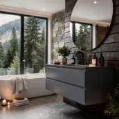 Bathroom vanity wall-mounted custom L.120 x P.46 x H.50 cm, lacquered opaco S 7005-R80B. Countertop in tekhnos S 7005-R80B, thickness 1.2 cm. sink undermount VENERE B452_2 in tekhnos S 7005-R80B (60x28 cm). deck-mounted mixer (not included) Mirror RRX188 (100x75 cm). Height from floor 90 cm.