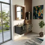 Wall-mounted bathroom unit, 120 cm wide, 46 cm deep and 50 cm high, in matte NCS S 8000-N finish with integrated basin. The unit features a matte white Tecnoril basin, model Venere B452, with tap hole, a modern-style handle, and a mirror with wooden frame, upper LED light and touch sensor, laminated finish, 60 cm wide and 75 cm high.
