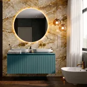 Elevate your bathroom with this sleek 120cm wide suspended vanity in a matte RAL 6033 lacquer finish, complete with a spacious 46cm deep and 50cm high cabinet. The vanity features a 1.2cm thick Tekhnos stone top with a built-in 2-basin sink and a modern B Cannettato handle design.