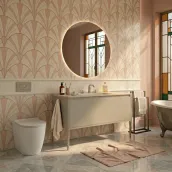 Elevate your bathroom with this sleek 120cm wide suspended vanity in a sophisticated RAL 1013 matte lacquer finish. The unit boasts a generous 46cm depth and 50cm height, with ample space on either side for a seamless integration. The vanity features a 1.2cm thick Tekhnos RAL 1013 top with an integrated Globo B224-A basin and a round 75cm high, 100cm wide mirror with 2cm thickness.
