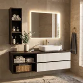 Elevate your bathroom with this sleek 140cm wide suspended vanity, finished in a sophisticated RAL 9003 matte lacquer. The unit boasts a sturdy construction with a 46cm depth and 50cm height, and features a spacious design with a 1.2cm thick HPL Rust top and a built-in support for a basin, not included. The vanity's frame is crafted from Nobilitato - Olmo Lava, complemented by opaque RAL 9003 fronts and a Cannettato handle.