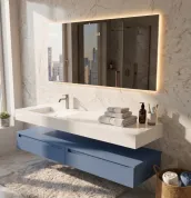 Elevate your bathroom with the sleek Horizon suspended vanity, measuring 180cm wide, 51cm deep, and 20cm high, finished in a sophisticated PANTONE 647u matte lacquer. The vanity features a spacious, matte white Tecnoril integrated sink, model FashionB575, and comes with a rectangular mirror, 165cm wide and 75cm high, with a simple design and 2cm thickness. The unit includes a wall-mounted system with hardware specifically designed for installation on a solid wall.