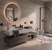 Elevate your bathroom with the sleek Horizon suspended vanity, boasting a generous 180cm width and 51cm depth, with a compact 20cm height. Crafted with a matte lacquer finish in NCS S-6502B, this stylish unit features a spacious Tekhnos RAL 7047 integrated basin, model Globo B385, and comes complete with a matching round mirror, 100cm wide and 75cm high, with a 2cm thickness.