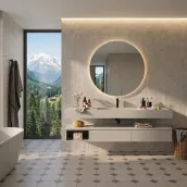 Elevate your bathroom with the sleek Horizon suspended vanity, boasting a generous 180cm width and 51cm depth, with a compact 25cm height. Crafted with a matte RAL 7047 lacquer finish and paired with a Tekhnos RAL 7047 12cm thick countertop, this vanity features an integrated Globo B385 sink and a rectangular mirror, 165cm wide and 75cm high, with a simple design and 2cm thickness.