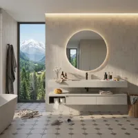 Das elegante, aufgehängte Waschtischmöbel Horizon mit einer Breite von 180 cm und einer Tiefe von 51 cm, präsentiert sich in opaker Ausführung im Farbton RAL 7047. Es verfügt über ein integriertes Waschbecken aus Tekhnos RAL 7047, eine Arbeitsplattenstärke von 12 cm und eine Höhe von 25 cm. Die passende, rechteckige Spiegelwand mit einer Höhe von 75 cm und einer Breite von 165 cm, sowie einer Stärke von 2 cm, komplettiert dieses exklusive Badezimmerensemble.