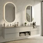 Elevate your bathroom with this 180cm suspended vanity in a sleek RAL 7047 matte lacquer finish. Complete with an integrated basin featuring an HPL Clay coloured top and a 2cm thick shaped mirror, it offers a comprehensive and functional design solution. The structure and fronts boast a RAL 7047 matte finish, complemented by E type handles.
