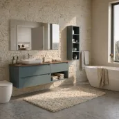Elevate your bathroom with this bespoke 180cm wide suspended vanity in a sleek FB 47 Green Smoke matte finish. The unit features a spacious 46cm deep and 50cm high design, complete with a 1.2cm thick HPL Rovere Antico top and a Pf1480 - ocritech - White opaque basin. The vanity is complemented by a simple rectangular mirror, 165cm wide and 75cm high, with a 2cm thickness.