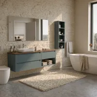 Il mobile bagno sospeso da 180 cm in finitura opaca FB 47 green smoke è un elemento di design raffinato per il tuo bagno. Dotato di un lavabo in appoggio Pf1480 di colore bianco opaco e di uno specchio rettangolare semplice, questo mobile offre ampio spazio di archiviazione e un'estetica elegante. La struttura e i frontali sono realizzati con finitura opaca FB 47 green smoke, mentre il piano è in HPL Rovere Antico con uno spessore di 1,2 cm.