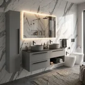 Elevate your bathroom with this bespoke 180cm wide suspended vanity, finished in a sophisticated NCS S-4502B matte lacquer. The unit boasts a sleek design with a 46cm depth and 50cm height, complemented by a spacious 1.2cm thick HPL Zebra Nero countertop and a built-in 2-basin tekhnos NCS S-4502B undermount sink. The vanity is paired with a simple rectangular mirror, 160cm wide and 75cm high, complete with backlighting.
