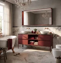 Ancho del mueble: Cm 180Mueble libre con espacio a los ladosProfundidad del mueble: Cm 51Altura del mueble: Cm 50 - suspendidoLe recordamos que es importante comprobar que la pared sea adecuada para soportar el peso del mueble. En caso de que exista una pared de pladur, será responsabilidad del profesional comprobar que la pared esté debidamente reforzada para este tipo de instalación. En cualquier caso, la tornillería incluida en el pedido está pensada para su instalación en una pared de obra.Acabado del mueble: Opaco - FB 96 radicchioTipo de tirador: Tirador BMaterial de la encimera: HPL Alabastro GreyGrosor del tablero: 1.2 cmTipo de lavabo: Lavabo sobre encimeraModelo de lavabo: 2 Lavabos softly49 - CerámicaPosición del grifo ( No incluido ): Grifo sobre encimera del lavabo - con orificio para grifoEspejo: Espejo con marco de madera, luz LED superior y sensor tácti, acabado laminado o lacado mate a juego con el mueble. Contáctanos si prefieres otro color para el marco; grosor: 13 cm. Alt. cm 75 Anch.. cm 160