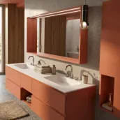 Elevate your bathroom with this sleek, suspended vanity, measuring 200cm wide, 46cm deep, and 50cm high, finished in stunning S 4040-Y80R matte lacquer. The unit features a 1.2cm thick, white opaque tecnoril top with an integrated, twin-basin globe B224-A in matching white opaque tecnoril. A beautifully crafted, wooden-framed mirror with LED lighting and sensor, available in laminated or matte lacquer finish to match the vanity, completes the look, sized at 170cm wide and 75cm high.