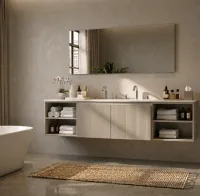 Il mobile bagno sospeso Linea Groove da 240 cm di larghezza e 46 cm di profondità, con altezza di 50 cm, è realizzato in laccato opaco RAL 7047. La struttura e i frontali sono finiti con un opaco RAL 7047, mentre il piano è in Tekhnos RAL 7047 con spessore di 1,2 cm e comprende una vasca integrata con 2 Vasche cubik B343. Il mobile è corredato di maniglia B Cannettato e può essere completato con rubinetto su piano lavabo.