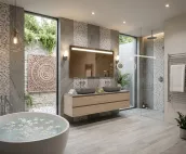 Elevate your bathroom experience with this bespoke, wall-mounted cabinet in Natural Olmo laminate, precision crafted to your exact specifications with dimensions of L.240 x P.51 x H.50 cm. The cabinet is paired with a sleek Alabastro Grey HPL top, 1.2 cm thick, and features a MOOD60 teak basin in NCS S - 6502 B finish, measuring 60x38 cm. A generously sized RRX512 mirror with LED lighting, measuring 170x75 cm, completes the look. Designed to be installed at a height of 90 cm from the floor, this sophisticated bathroom solution exudes modern elegance.