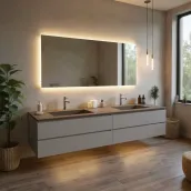 Our wall-mounted bathroom unit, measuring 240 cm in width, 51 cm in depth and 50 cm in height, features a matte RAL 7037 finish and an integrated HPL Ruggine double basin, model 2 Vasche hfx17. This unit, equipped with a recessed handle type A and a 1.2 cm thick top, is complemented by a simple rectangular mirror with backlighting, 80 cm high and 180 cm wide.