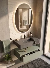 Elevate your bathroom with the sleek Horizon suspended vanity, measuring 80cm wide, 51cm deep, and 20cm high, finished in a sophisticated FB 47 green smoke matte lacquer. This stylish unit features an integrated HPL Zebra Nero basin, model Hfx24, with a 12cm thick top and a pre-drilled tap hole, complemented by an elegant oval mirror, 75cm high and 60cm wide, with a 2cm thickness.