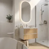 Elevate your bathroom with this sleek 80cm wide wall-mounted vanity in Natural Wood finish, featuring an integrated Mv80 basin and a spacious 46cm deep cabinet. The unit boasts a sturdy structure with an opaque RAL 9003 finish, complemented by a 1.2cm thick Tekhnos RAL 9003 countertop and a stylish grooved handle.