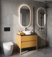 This sleek, 80cm wide suspended bathroom vanity features a matte RAL 1004 lacquer finish and comes with a built-in basin. The unit measures 80cm in width, 51cm in depth, and 50cm in height, with a sturdy HPL Zebra Nero countertop, 1.2cm thick. The vanity is paired with a Lovely45 ceramic basin and a shaped mirror, 2cm thick, 75cm high and 80cm wide.