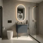 This refined suspended bathroom vanity boasts modern and sophisticated lines, available in an elegant PANTONE 7545u matte finish. With precise dimensions of 80cm wide, 51cm deep, and 50cm high, it's perfect for stylish bathroom design. The vanity includes an integrated Globo B149-B sink in Tekhnos RAL 7042, a 1.5cm thick worktop, an F handle, and a curved mirror, 2cm thick, 75cm high, and 80cm wide.