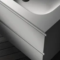 Cabinet width 120cm, depth 51 cm, front and structure in matt lacquered RAL7042,  handle A , integrated sink, in  tekhnos RAL7042. Mirror with wooden frame, upper LED light, and touch sensor, laminate or matt lacquered finish in the same color as the cabinet. If you prefer a different frame color, contact us; thickness: 13 cm.