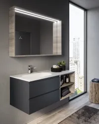 Cabinet width 120cm, depth 51 cm, front and structure in matt lacquered RAL7015 y Olmo roccia,  handle A , integrated sink, in  tecnoril. Mirror with wooden frame, upper LED light, and touch sensor, laminate or matt lacquered finish in the same color as the cabinet. If you prefer a different frame color, contact us; thickness: 13 cm.