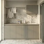This bespoke 210cm wide and 68.5cm deep laundry vanity is crafted in NCS S - 3000 N laminate, boasting an elegant and modern design. The sleek profile is accentuated by a type A handle, adding a touch of refinement to its essential lines.