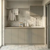This bespoke 210cm wide and 68.5cm deep laundry vanity is crafted in NCS S - 3000 N laminate, boasting an elegant and modern design. The sleek profile is accentuated by a type A handle, adding a touch of refinement to its essential lines.