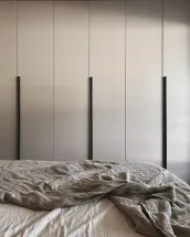 Customized wardrobe: this wardrobe is installed in our client’s bedroom in Karlsfeld, Germany, and is matte lacquered in FB 229 Elephants Breath with handle 33 RAL8019 matte lacquered.

The exact measurements of this wardrobe are 277 cm in width, 262 cm in height, and 61 cm in depth.