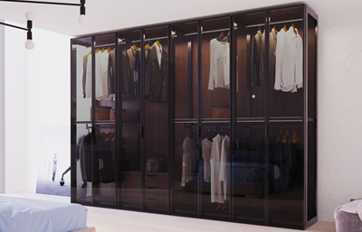 Glass-closet – with glass doors, interior in laminate, colour Teak